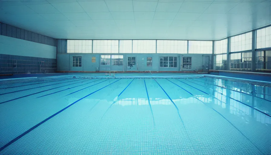 Prompt: 1 9 6 0 s movie still of empty blue tiles swimmingpool, cinestill 8 0 0 t 3 5 mm, high quality, heavy grain, high detail, panoramic, ultra wide lens, cinematic composition, dramatic light, flares, anamorphic