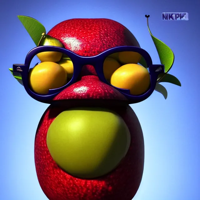 Prompt: bizarre cartoon fruit figurine wearing sunglasses that looks just like samuel l jackson morpheus as a fruit, blue or red, by naoto hattori 8 k, fruit eyes, fruit world, beautiful intricate painting, hyper realistic, studio lighting, octane render