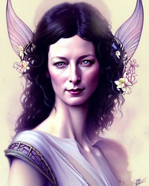 Image similar to beautiful and playful ethereal caitriona balfe ( outlander ) portrait, art nouveau, fantasy, intricate flower designs, elegant, highly detailed, sharp focus, art by artgerm and greg rutkowski and wlop