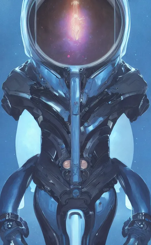 Image similar to portrait of a blue alien wearing a tight and smooth space suit, intimidating, intricate, headshot, highly detailed, digital painting, artstation, concept art, sharp focus, cinematic lighting, illustration, art by artgerm and greg rutkowski, alphonse mucha, cgsociety