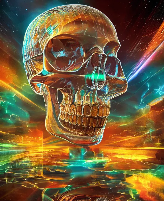 Prompt: transparent crystal skull, lasers, tilt shift, perspective, depth of field, high detail, hyper detailed, masterful, very detailed, extremely detailed, snes game box art, cool color palette, hdr, photorealistic, 1 6 k 8 k hd
