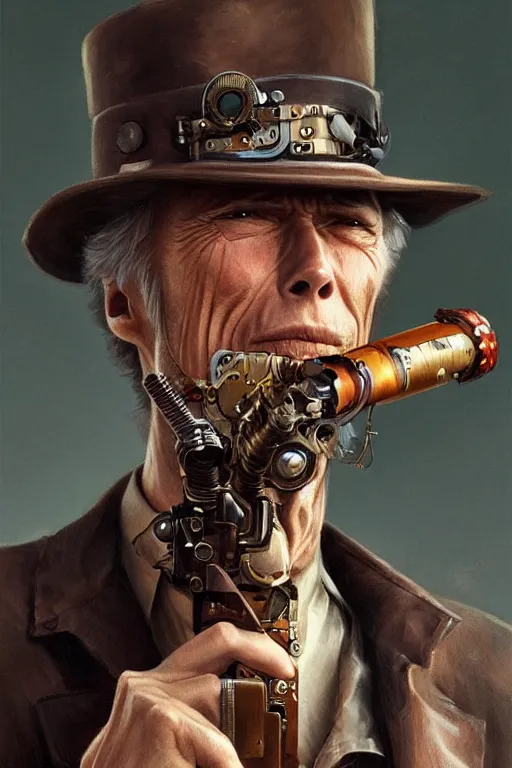 Prompt: clint eastwood steampunk cyborg smoking cigar, portrait, western, duster, fantasy, intricate, elegant, highly detailed, digital painting, artstation, concept art, sharp focus, illustration, art by artgerm and greg rutkowski and alphonse mucha