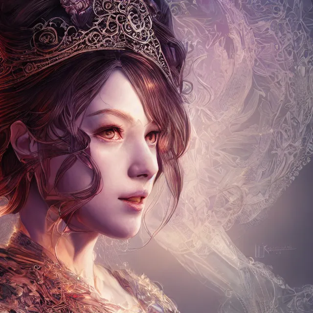 Image similar to the portrait of the lawful good alignment personified as an absurdly beautiful, graceful, elegant, sophisticated, young woman, an ultrafine hyperdetailed illustration by kim jung gi, irakli nadar, intricate linework, bright colors, octopath traveler, final fantasy, unreal engine 5 highly rendered, global illumination, radiant light, detailed and intricate environment