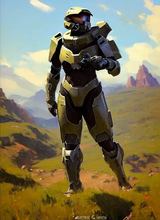 Image similar to Greg Manchess painting of a Corgi wearing Forerunner Armor from Halo, countryside, calm, fantasy character portrait, dynamic pose, above view, sunny day, artwork by Jeremy Lipkin and Giuseppe Dangelico Pino and Michael Garmash and Rob Rey, very coherent asymmetrical artwork, sharp edges, perfect face, simple form, 100mm