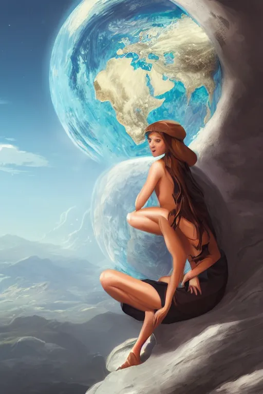 Image similar to Beautiful Woman sitting on the moon with a view of the earth in the background, digital painting, highly detailed, artstation, concept art, smooth, sharp focus, illustration.