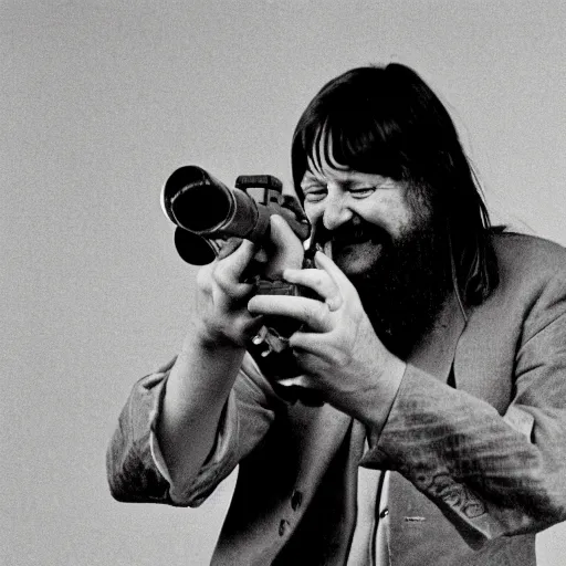 Image similar to robert wyatt laughing maniacally and shooting the view with his gun