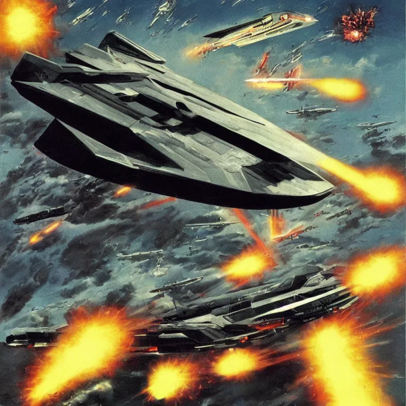 Prompt: stealth starship bombing a capital starship. explosions, action shot. pulp sci - fi art. high contrast.