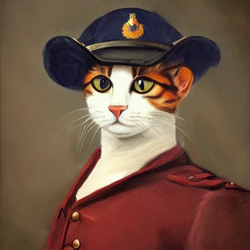 Image similar to a portrait painting of a cat in military uniform holding a musket at its side , artstation, artsy, highly details