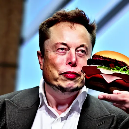 Prompt: elon musk eating a pink burger