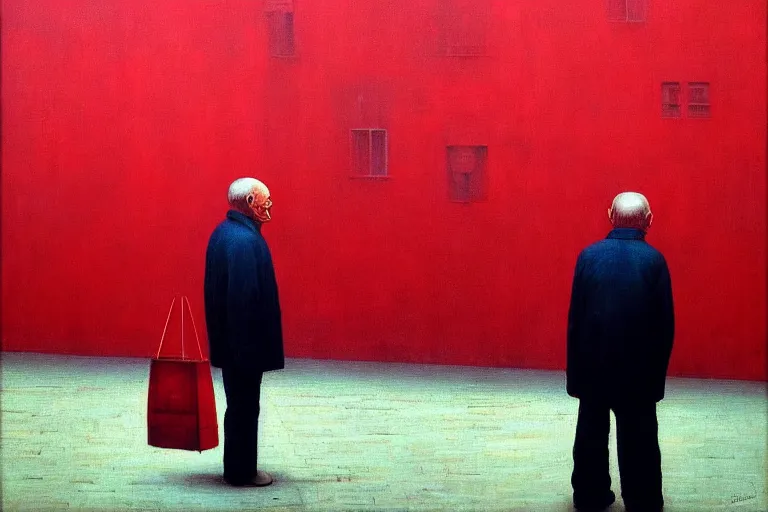 Image similar to only with red, a red old stylish man try to sell a portrait, crowd cheering, in a city square, in the style of beksinski, parts by edward hopper, parts by rodcenko, parts by yue minjun, intricate and epic composition, red by caravaggio, insanely quality, highly detailed, masterpiece, red light, artstation, 4 k