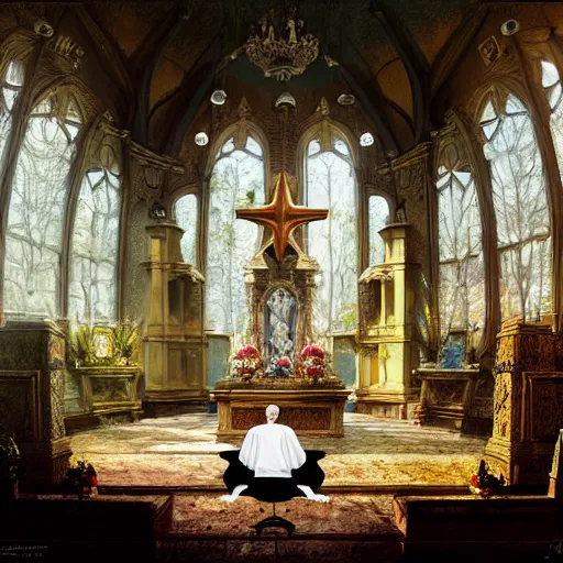 Prompt: patrick starfish meditates on the altar, hyperrealism, no blur, 4 k resolution, ultra detailed, style of ron cobb, adolf hiremy - hirschl, ismail inceoglu, rene margitte