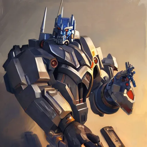 Image similar to greg manchess portrait painting of armored optimus prime as overwatch character, medium shot, asymmetrical, profile picture, organic painting, sunny day, matte painting, bold shapes, hard edges, street art, trending on artstation, by huang guangjian and gil elvgren and sachin teng