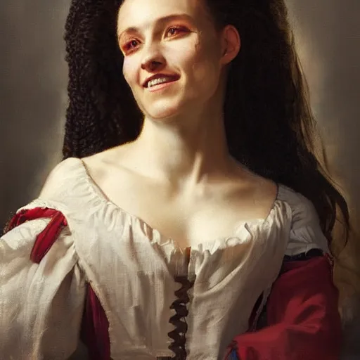 Image similar to oil painting, smiling, happy, beautiful, intelligent, fierce, powerful, female pirate captain 3 2 years old, flowing long hair, fully clothed, wise, beautiful, masterful 1 7 2 0 s oil painting, dramatic lighting, sharp focus