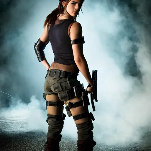 Image similar to Lara Croft cosplay by Emma Watson, 8k, professional photography, cinematic studio shot, dark, smoke