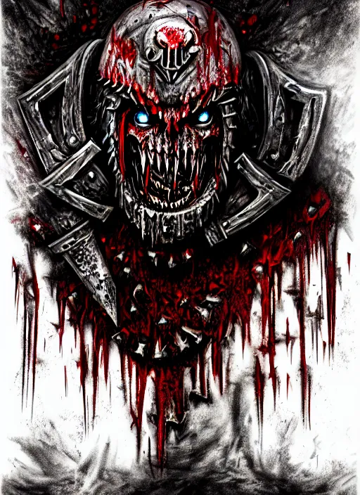 Image similar to berserker of khorne, blood warrior, evil, bloody axe, screaming, insanity, anger, psychopath, intricate, bloody runes, runes, yellow and brown lighting, bottom up lighting, warhammer, warhammer 4 0 k, highly detailed, digital painting, concept art, sharp focus, illustration, psychedelic, grim dark, moody, gloomy