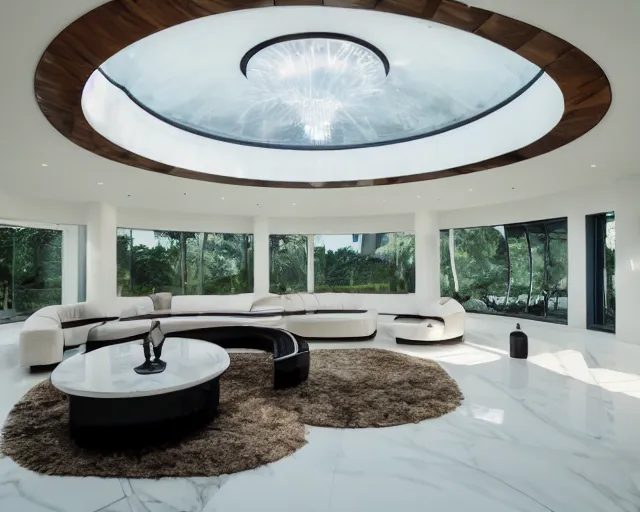 Prompt: A futuristic living room in a glass dome with curved wooden stairs going upstairs in the back of the living room, a big luxurious U shaped sofa and a white marble table in the center of the living room, professional interior design photograph, wide angle photograph, 8k resolution, hyper detailed