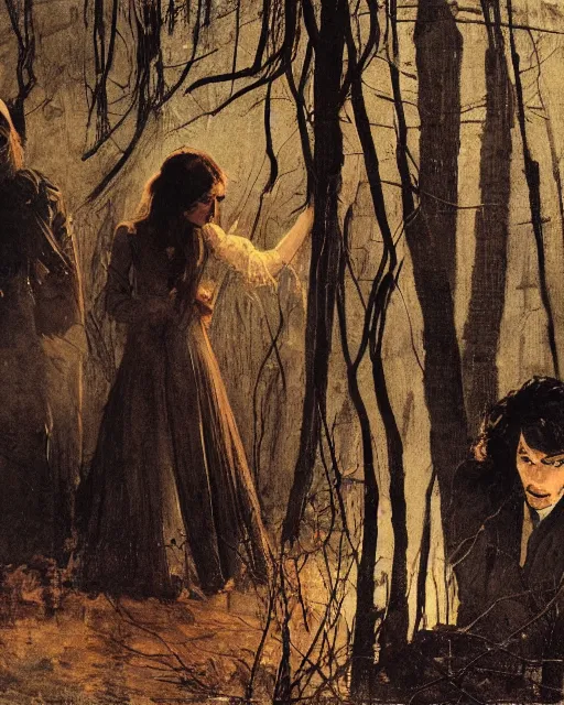 Image similar to two handsome but creepy people in layers of fear, with haunted eyes and tangled hair, 1 9 7 0 s, seventies, wallpaper, woodland a little blood, moonlight showing injuries, delicate embellishments, painterly, offset printing technique, by coby whitmore, jules bastien - lepage, john howe