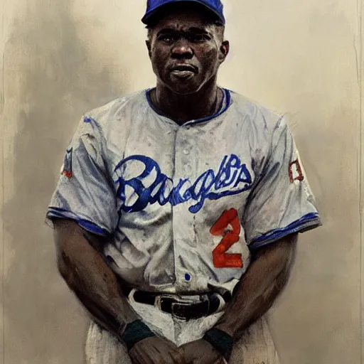 Prompt: portrait of jackie robinson, by jeremy mann, anders zorn, greg rutkowski.