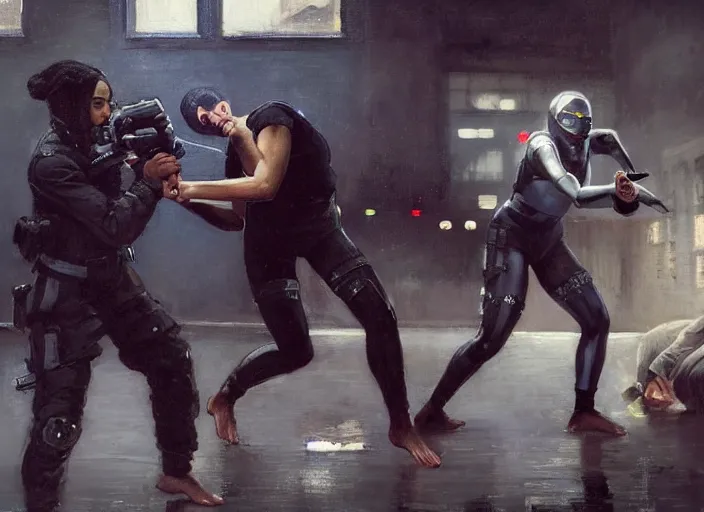 Image similar to maria igwe evades sgt Nash. Cyberpunk hacker in jumpsuit escaping menacing police troopers (blade runner 2049). beautiful face. Jujitsu. Iranian orientalist portrait by john william waterhouse and Edwin Longsden Long and Theodore Ralli and Nasreddine Dinet, oil on canvas. Cinematic, hyper realism, realistic proportions, dramatic lighting, high detail 4k