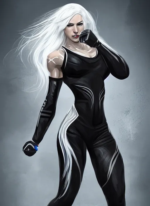 Prompt: a highly detailed illustration of fierce beautiful platinum blonde woman wearing black mma gear, heroic fighting stance pose, muscular, perfect face, perfect body, intricate, elegant, highly detailed, centered, digital painting, artstation, concept art, smooth, sharp focus, league of legends concept art, wlop