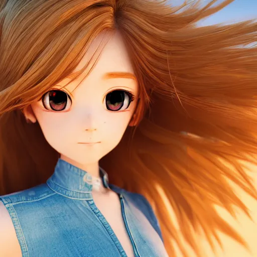 Image similar to Render of a very very very beautiful 3d anime girl, long hair, hazel eyes, cute freckles, full round face, short smile, cute sundress, golden hour, serene beach setting, medium shot, mid-shot, highly detailed, trending on Artstation, Unreal Engine 4k