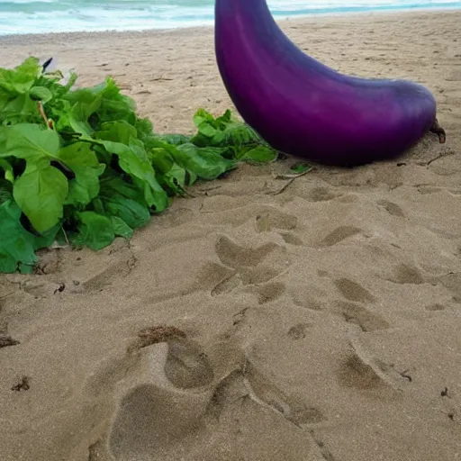 Image similar to huge eggplant in look like robot sunbathing on the beach among people, photo,