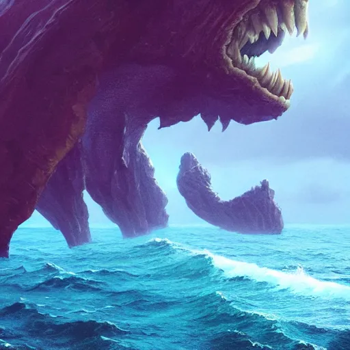 Prompt: a colossal monster peering out of the ocean. intricate artwork by beeple. third person, beautiful, full view, cinematic lighting, octane render, trending on artstation, greg rutkowski very coherent artwork. cinematic, hyper realism, high detail, octane render, 8k