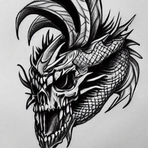 Black Ink Dragon Wrap Around Skulls Tattoo On Left Side Rib