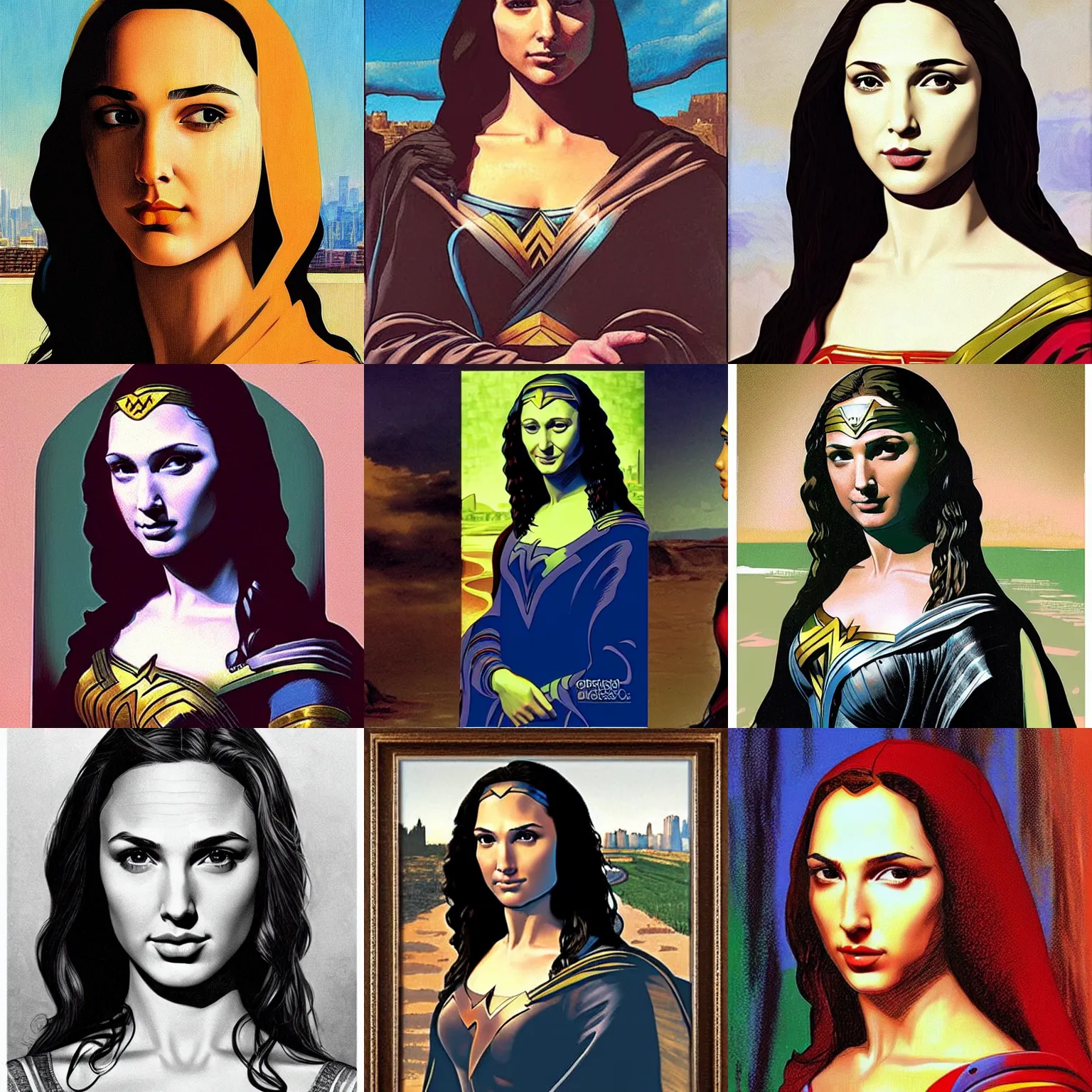 Prompt: Gal Gadot in the style of the monalisa by alex ross by moebius