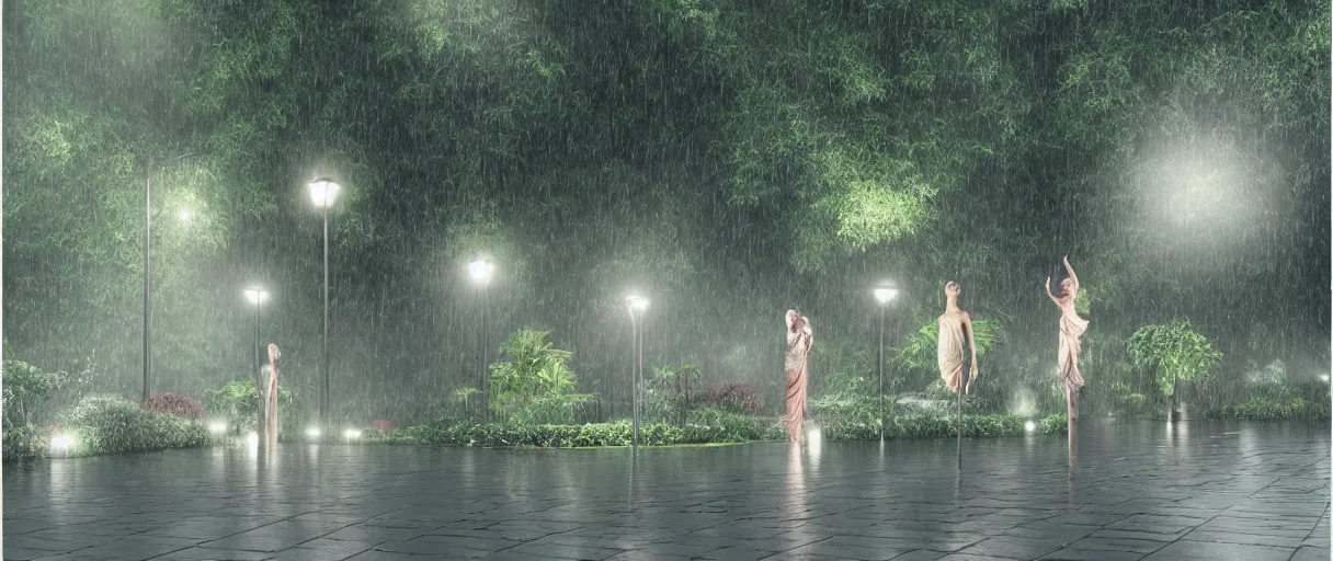 Prompt: raining at night pole lights woman dance group meditation emotion on javanese style garden, octane render, trees, evergreen, patio, garden, wet atmosphere, tender, soft light misty yoshitaka amano, and artgerm