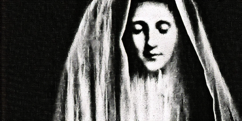 Image similar to vhs static overlay of marian apparition, vhs, 1 9 9 0, highly realistic, highly detailed, vhs noise static, black and white, vhs glitch