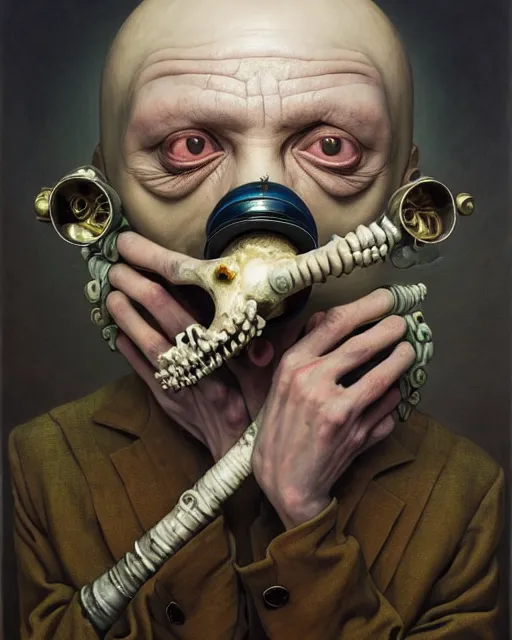 Prompt: gediminas pranckevicius a maximalist portrait a with large lips and with large eyes, expressive, deformed face, wearing a bone gas mask, baroque by ayami kojima, greg hildebrandt, mark ryden, hauntingly surreal, highly detailed painting by, james jean and jenny saville, soft light 4 k rendered in octane