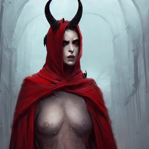 Prompt: masterpiece portrait of a clothed hooded surly and resentful female tiefling thief with red skin black sclera and horns under the hood, by Greg Rutkowski, as seen on ArtStation, 4k, dungeons and dragons, very aesthetic, very detailed, intricate, unreal, fantasy, dramatic, painterly, artstation, sharp focus, smooth