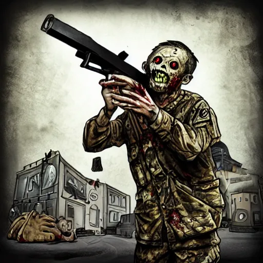 Prompt: zombie getting shot by army