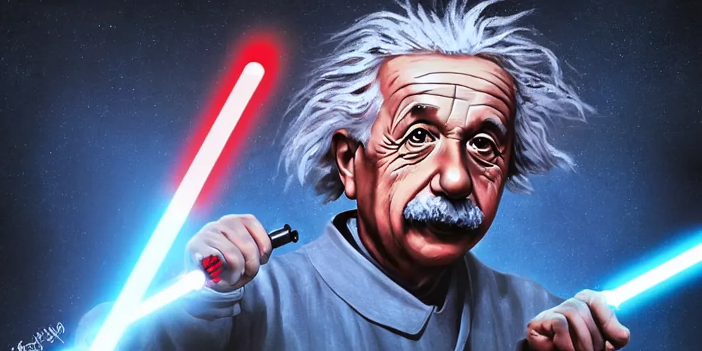 Image similar to Albert Einstein with a red lightsaber, digital art, stunning lighting