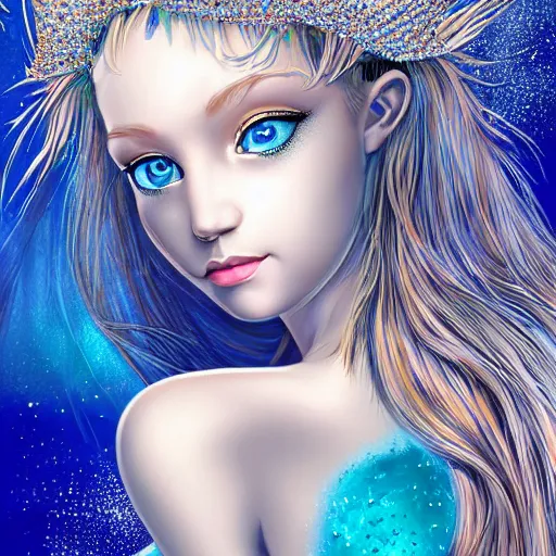 Image similar to an extremely realistic portrait of a fantastic real mermaid with an ultra perfect and ultra detailed wild face with beautiful, ultra detailed wild blue eyes a fantastic crown of diamons and a diamond dust glitter and sparkles tail, swimming in a beautiful blue ocean