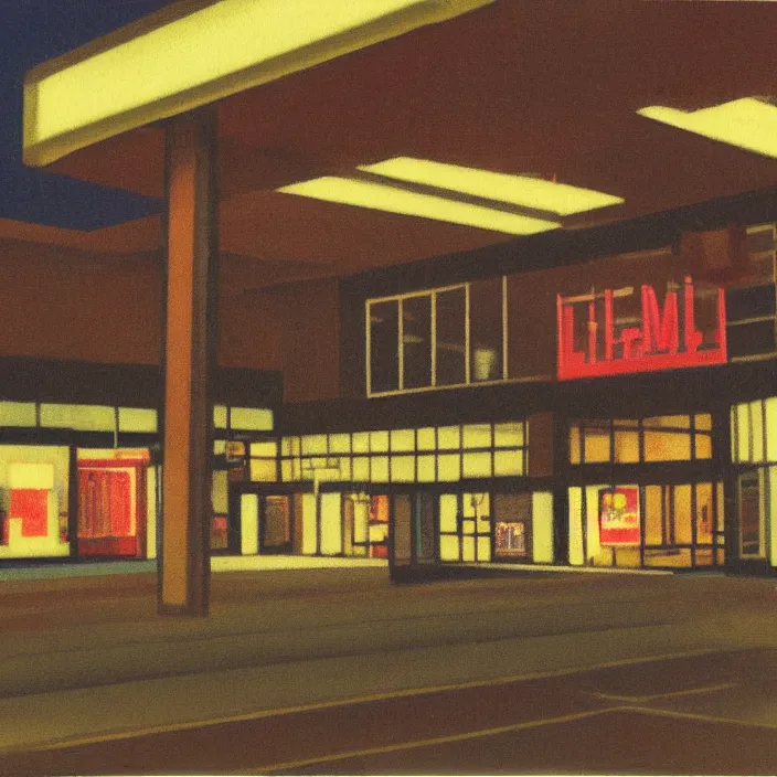 Image similar to liminal polaroid of a retro mall at night, art by dariusz zawadski, deep depth of field. highly detailed, hyper realism, hd, 4 k