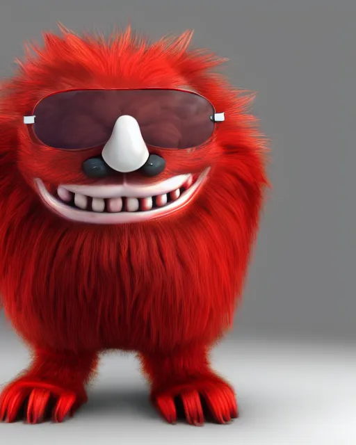 Image similar to 3 d render of completely red hairy friendly monster smiling wearing chrome shades, full body, simple, cute, cartoony, white background, unreal engine 5 hdr