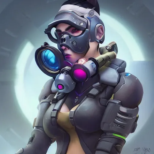Image similar to overwatch widowmaker wearing a cyber gas mask, digital art, pretty face, very beautiful face, very detailed eyes, ultra detailed, by wlop, greg rutkowski,