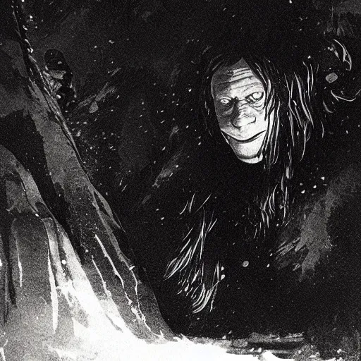 Prompt: close up portrait of a scandinavian troll inside a cave kvlt by peder balke by peder balke by greg rutkowski, by guido crepax by norman bluhm mystic high contrast monochromatic noir