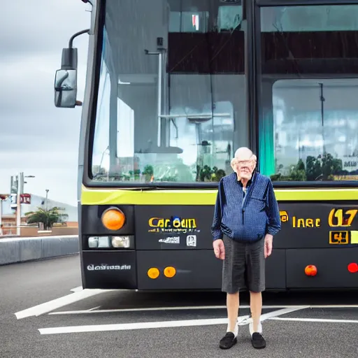 Prompt: a elderly man standing on top of a transperth bus, canon eos r 3, f / 1. 4, iso 2 0 0, 1 / 1 6 0 s, 8 k, raw, unedited, symmetrical balance, wide angle