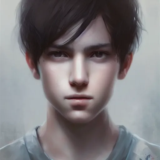 Image similar to a feminine boy with short dark hair, emo, digital art, photorealistic, 8 k resolution, beautiful face, very pretty face, very detailed eyes, by wlop, greg rutkowski