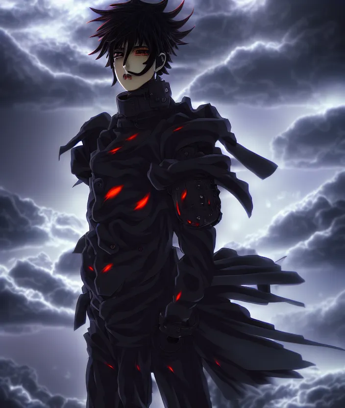 Image similar to a detailed manga illustration character full body portrait of a dark haired cyborg anime man shrouded in clouds of dark smoke and fire, trending on artstation, digital art, 4 k resolution, detailed, high quality, sharp focus, hq artwork, insane detail, concept art, character concept, character illustration, full body illustration, cinematic, dramatic lighting