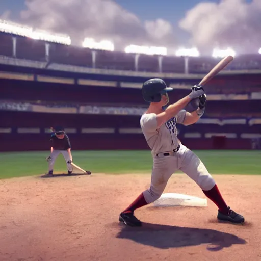 Image similar to baseball player hitting the ball with the baseball bat in the middle of the game and in front of everyone in the stadium, james gurney painting style, greg rutkowski, artstation, octane render, unreal engine 5