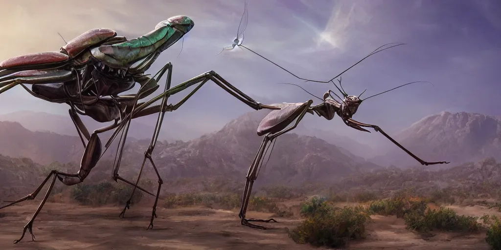 Image similar to a gigantic mantis religiosa attacks a rich los angeles suburb, matte painting trending on artstationn hopper