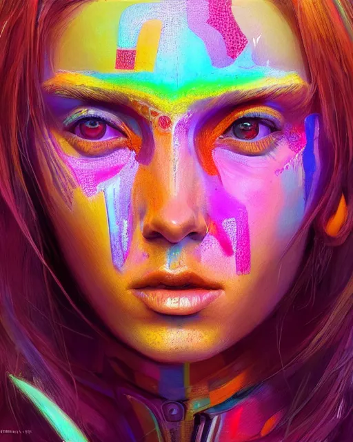 Prompt: colorful portrait of a female hippie from the future, set in the future 2 1 5 0 | highly detailed face | very intricate | symmetrical | professional model | cinematic lighting | award - winning | painted by mandy jurgens | pan futurism, dystopian, bold colors, cyberpunk, groovy vibe, anime aesthestic | featured on artstation