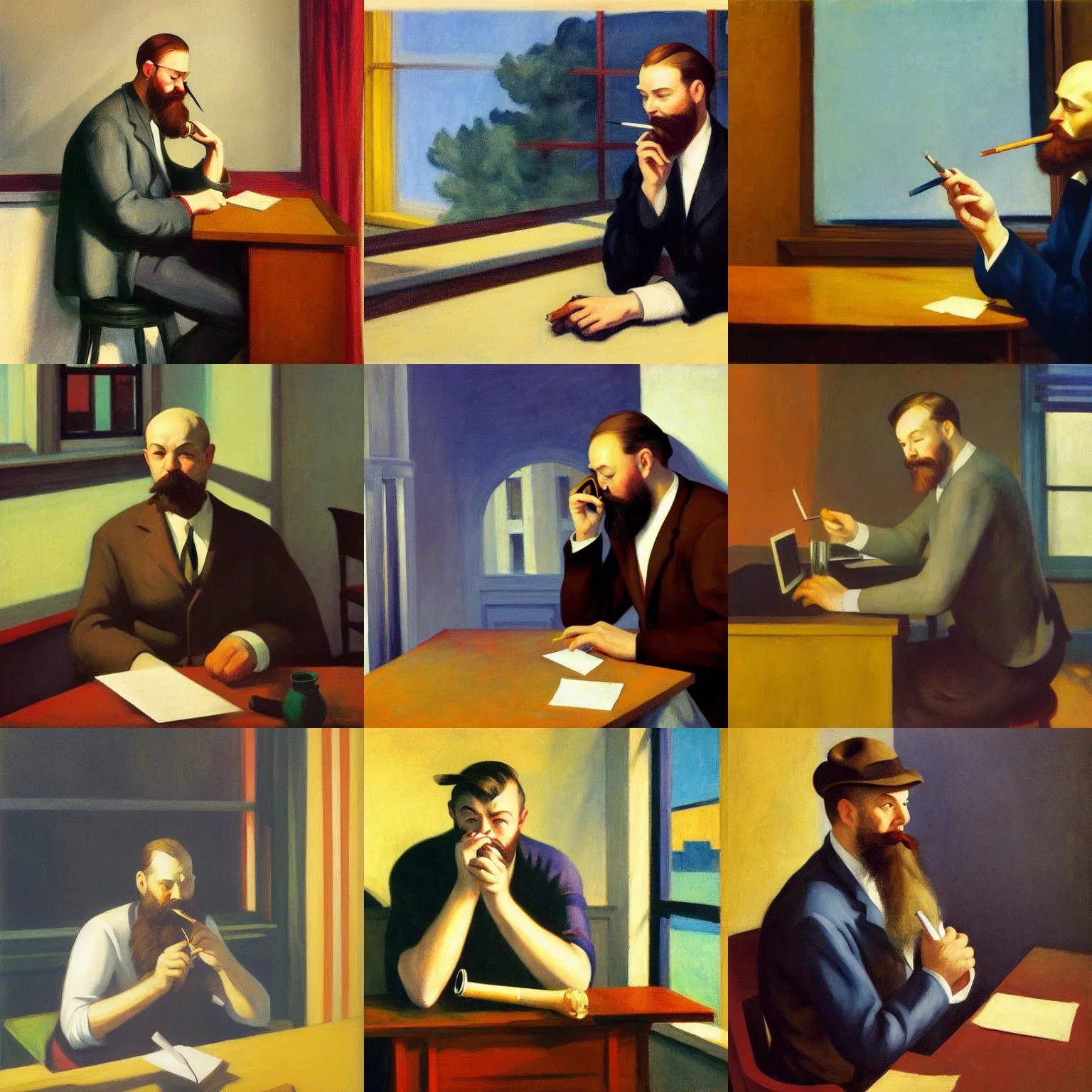 Prompt: Edward hopper painting of a writer with a beard sitting, he is smoking a cigarette, he is wearing a brown sweater, dramatic lighting, highly detailed, realistic