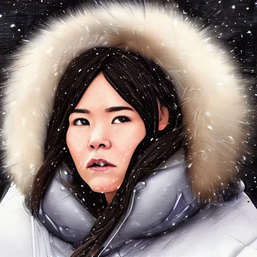 Prompt: portrait of emma an inuit in her 3 0 s with dark hair and chubby cheeks dressed in a winter parka, detailed face, smooth, sharp focus, graphic novel, art by artgerm and greg rutkowski and pepe larraz,