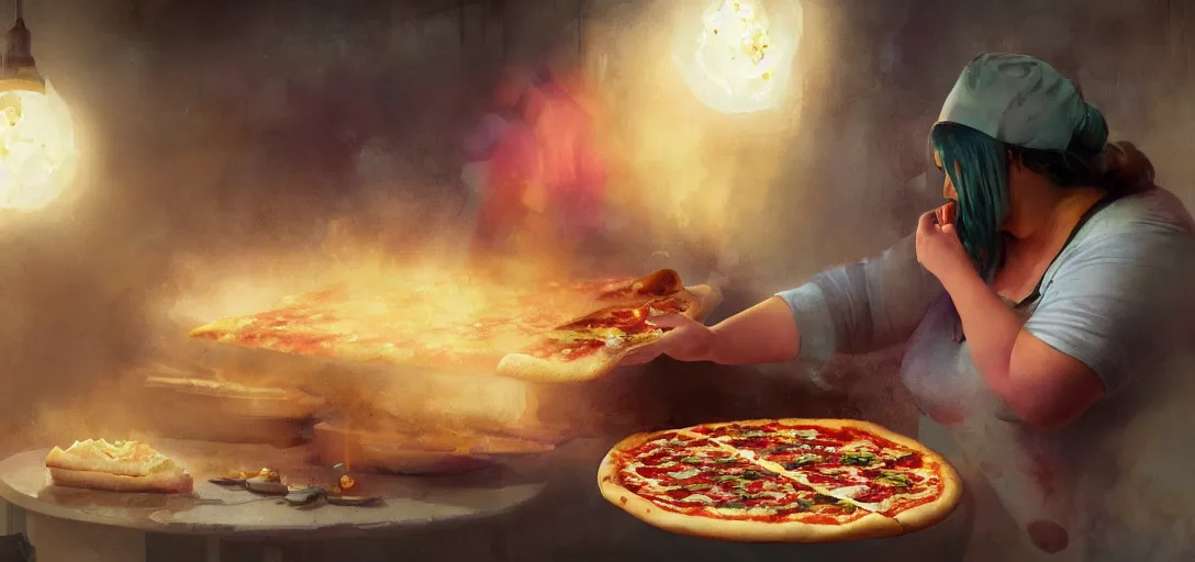 Image similar to a chubby female chef experimenting on a pizza, happy, mysterious, fog, magical, colorful, 8k, james gurney, greg rutkowski, john howe, artstation