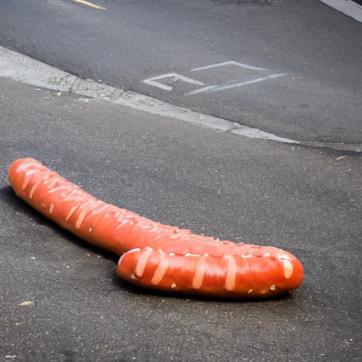 Image similar to giant hotdog laying in the street